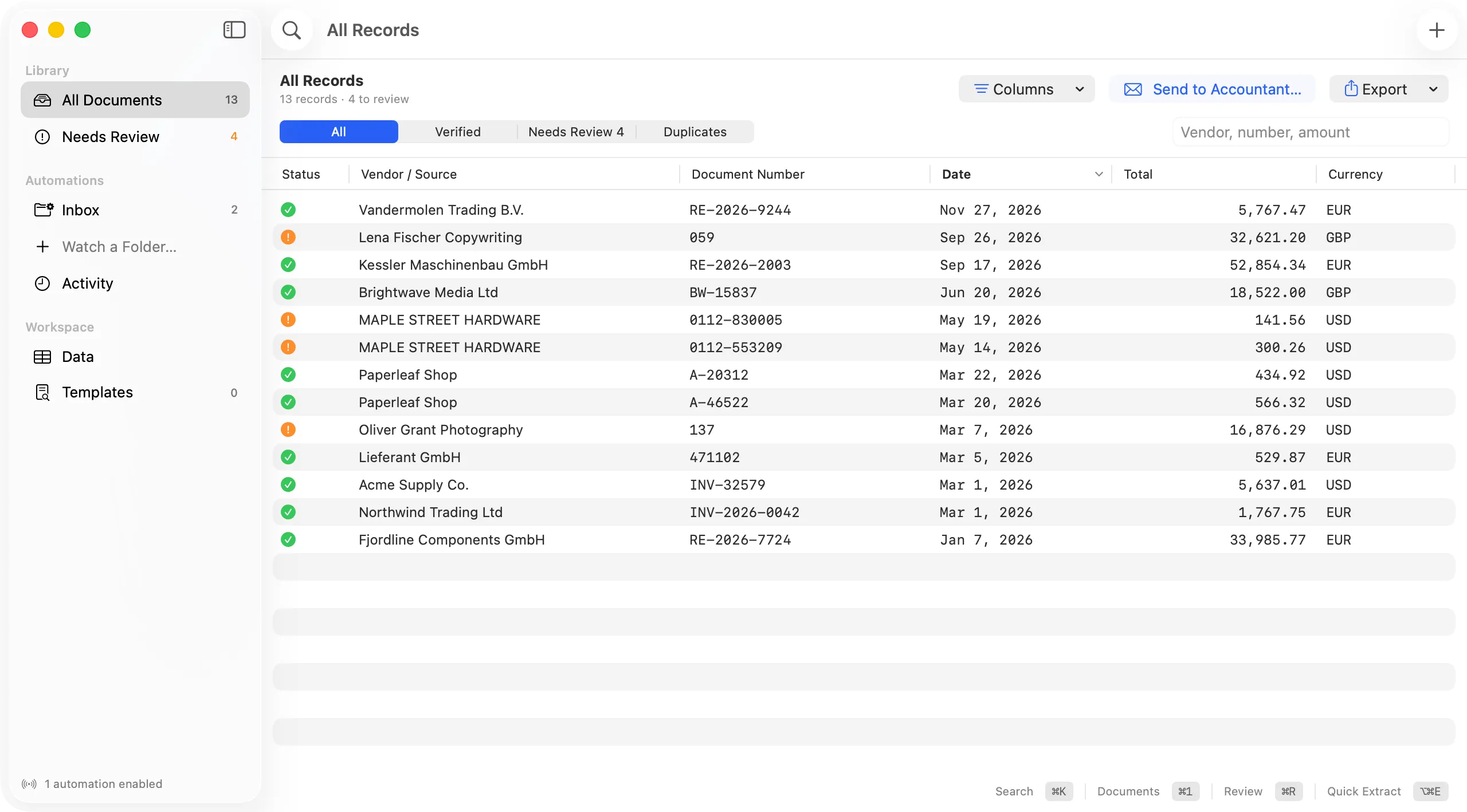 Unfela on the Mac: the data table with thirteen records, nine verified and four to review, the library sidebar, and the Send to Accountant button
