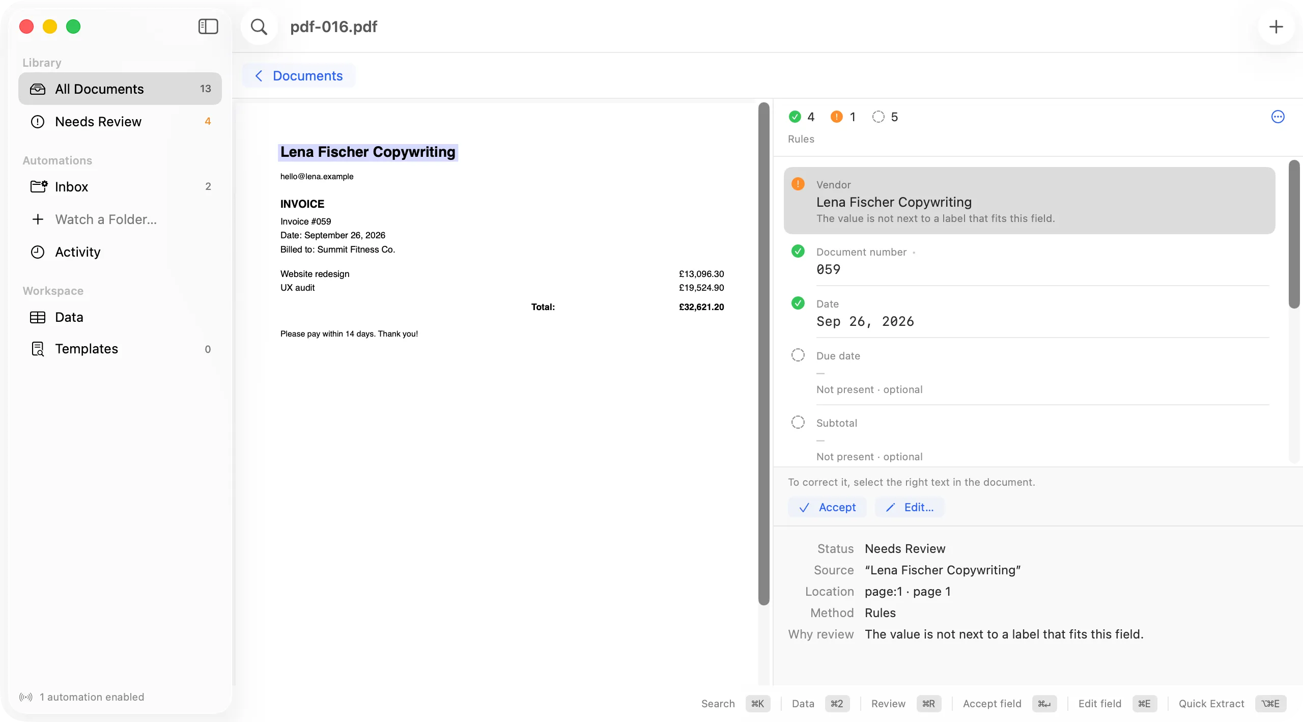 Unfela's review screen: the invoice on the left with the vendor name highlighted where it was found; on the right the fields, the vendor marked Needs Review with the reason, and Accept and Edit buttons